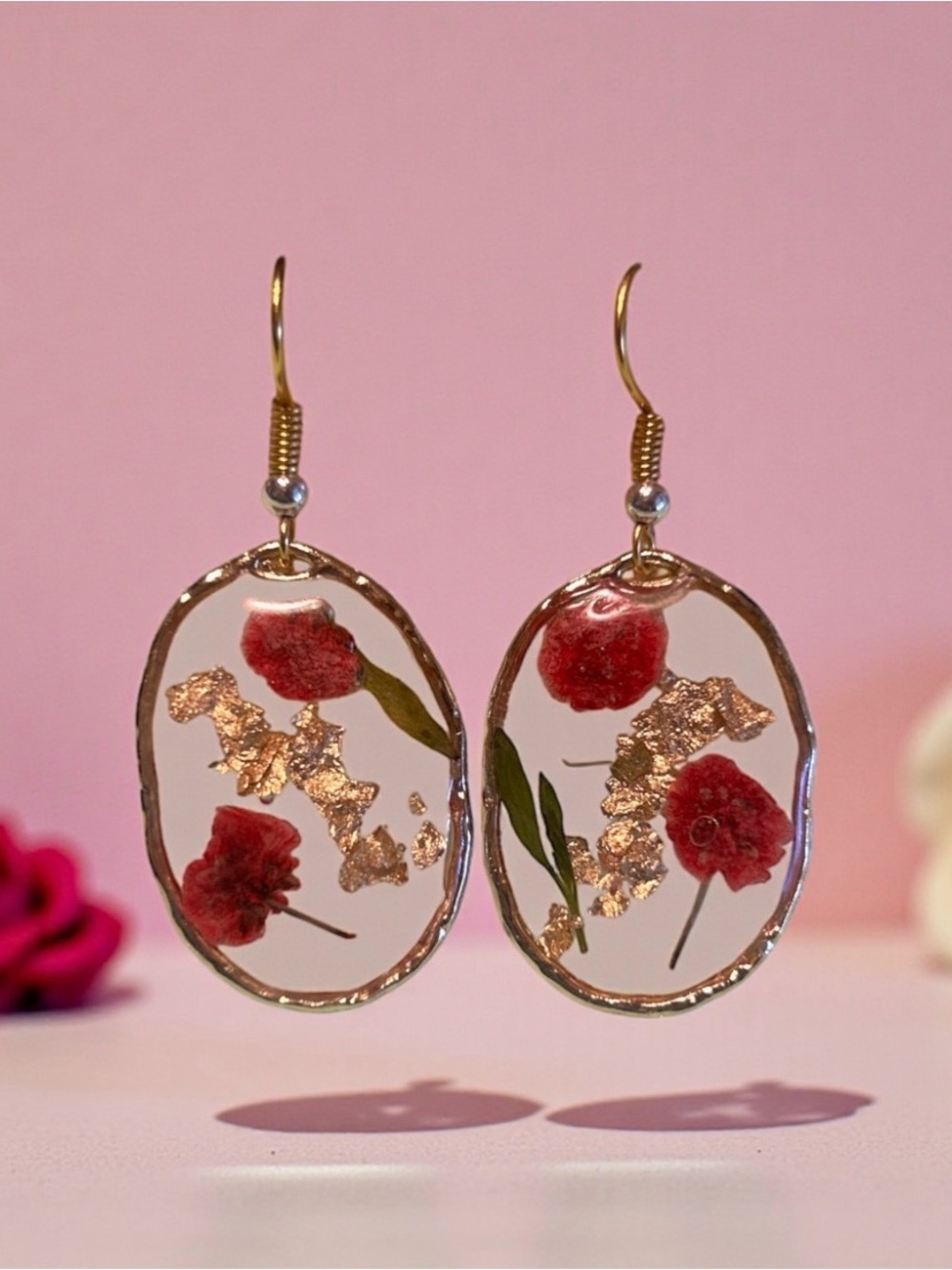 Gold-Tone Oval Drop Earrings with Red Floral & Gold Leaves
